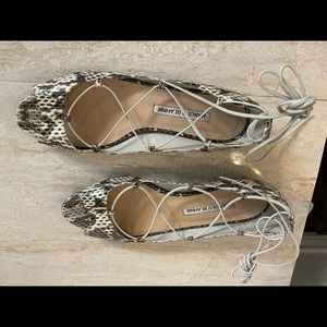 Manolo Blahnik- snake skin ankle wrapped sandals
